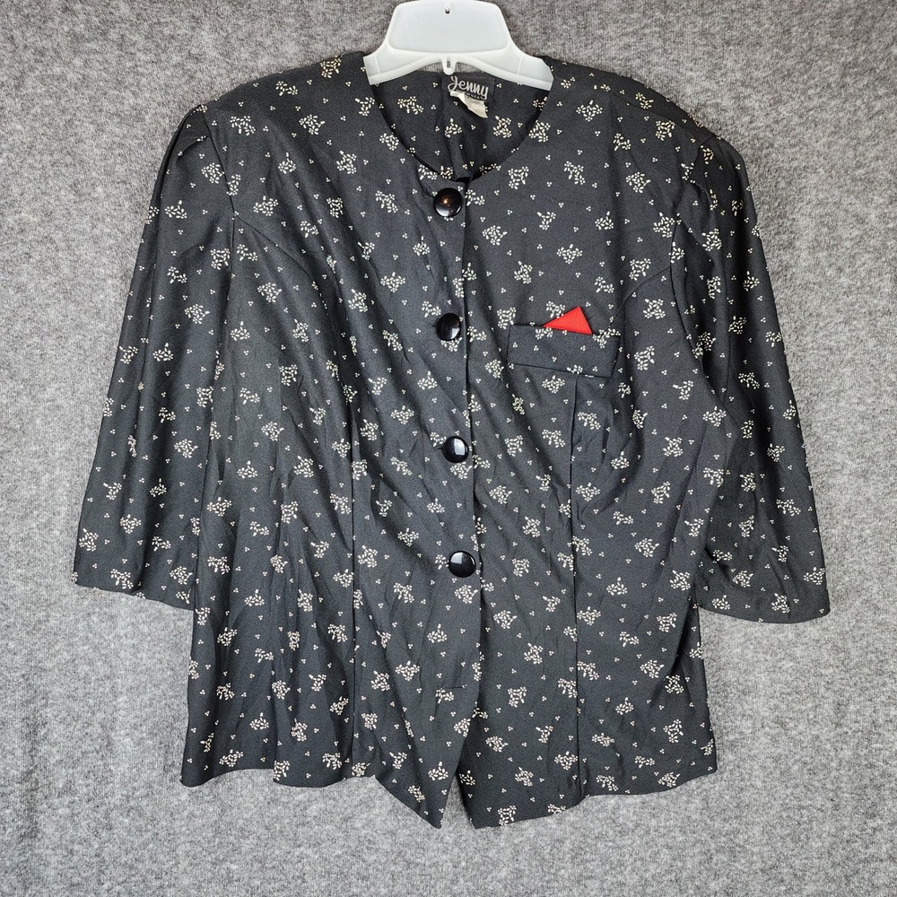 Jenny Blouse Women 20.5 Vintage Black Floral Dot Button-Down K8860/J1457 USA EUC